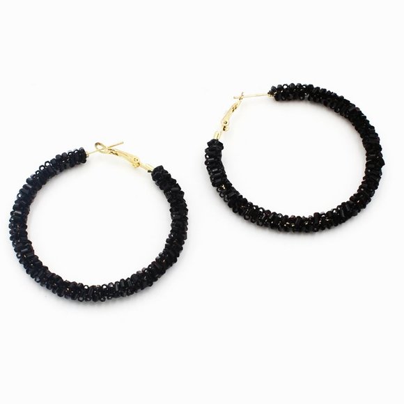 Black Beaded Hoop Earrings - Picture 1 of 4